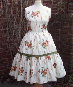 Original Vintage 1950s Vintage Tiered Rose Dress With Olive Green Trim